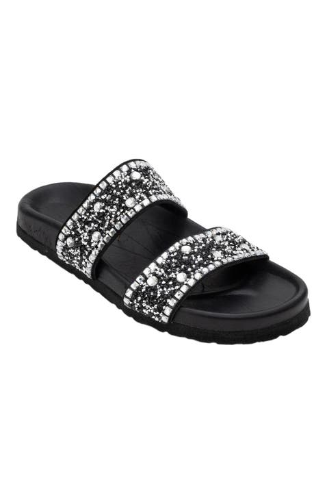 Jamie Leather Double Strap Slide Sandal with Stones
