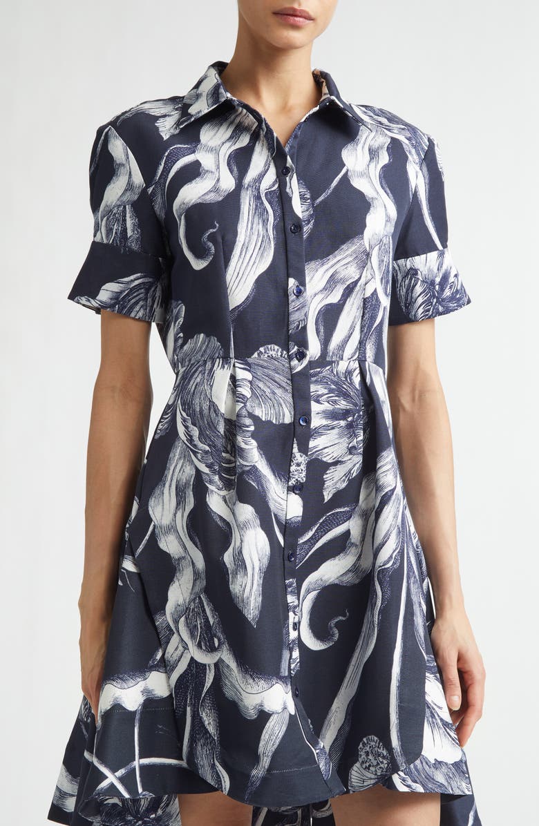 Erdem Tulip Print Pleated Faille Shirtdress, Alternate, color, Botanical Engraving Midnight