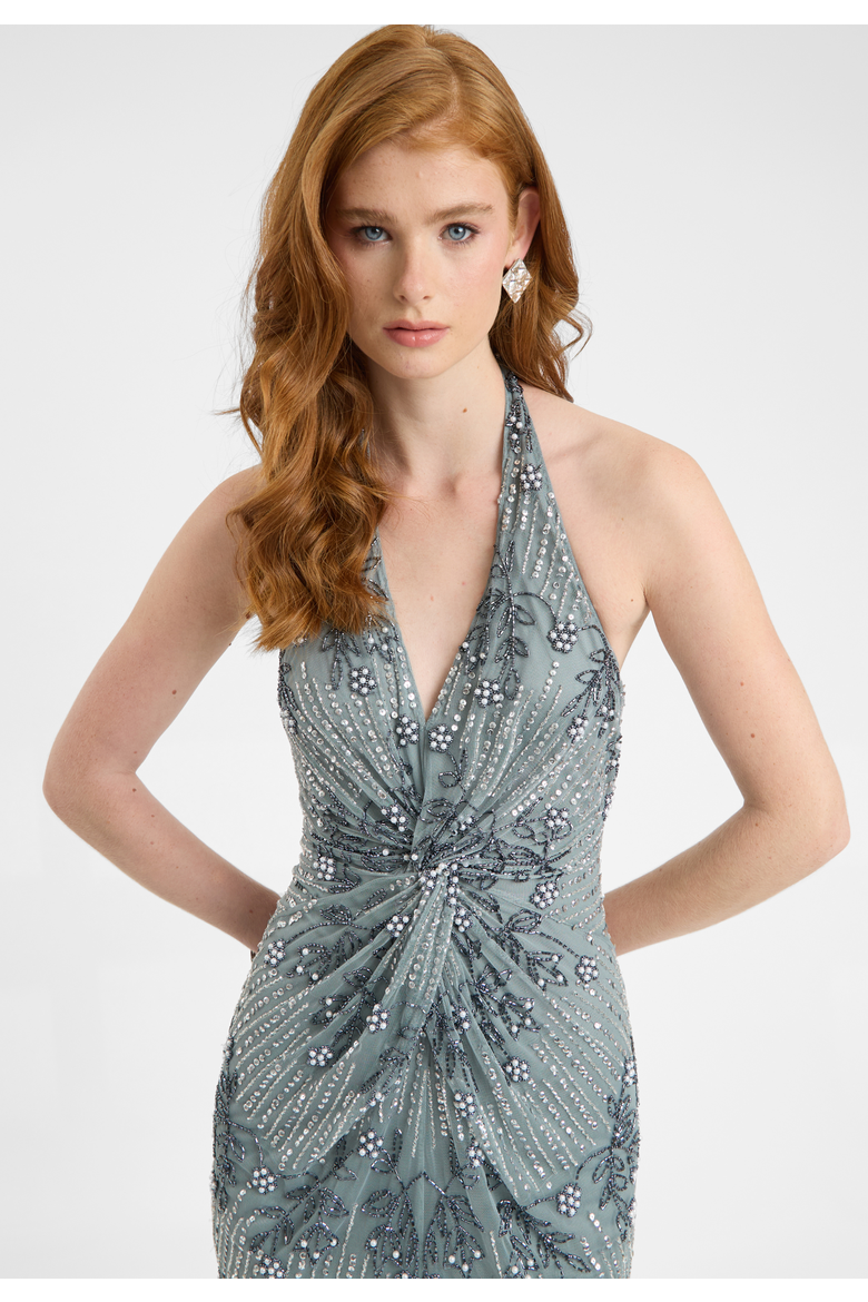 Embellished Sequin Beaded Maxi Dress With Knot Design, Alternate, color, MISTY GREY