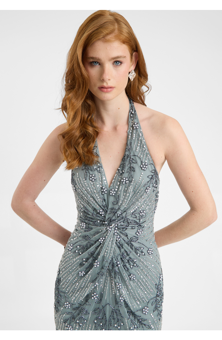 BEAUUT Embellished Sequin Beaded Maxi Dress With Knot Design, Alternate, color, Misty Grey