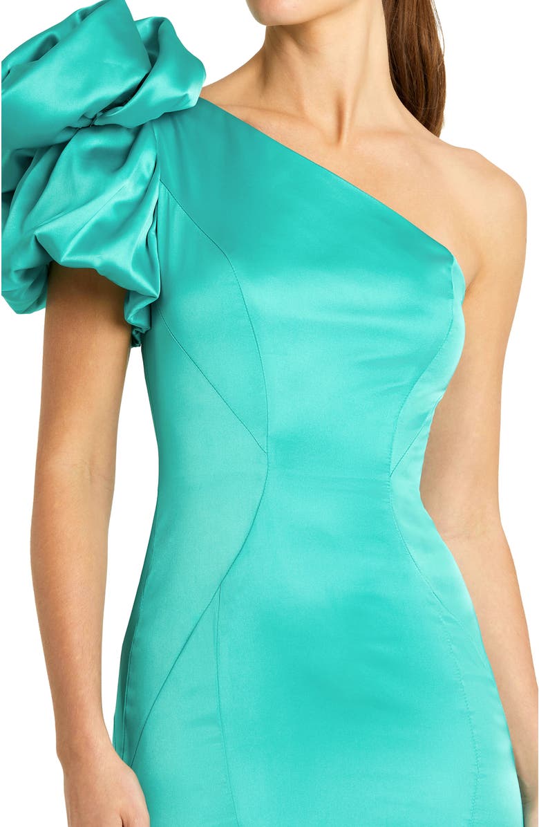 Mac Duggal Satin Mermaid Dramatic Rosette One Shoulder Gown, Alternate, color, Teal