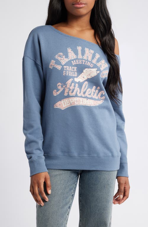 GOLDEN HOUR Training Track One-Shoulder Cotton Graphic Sweatshirt in Mineral Wash Bering Sea 