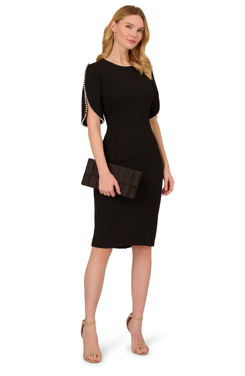 Adrianna Papell Imitation Pearl Detail Crepe Sheath Dress, Alternate, color, Black