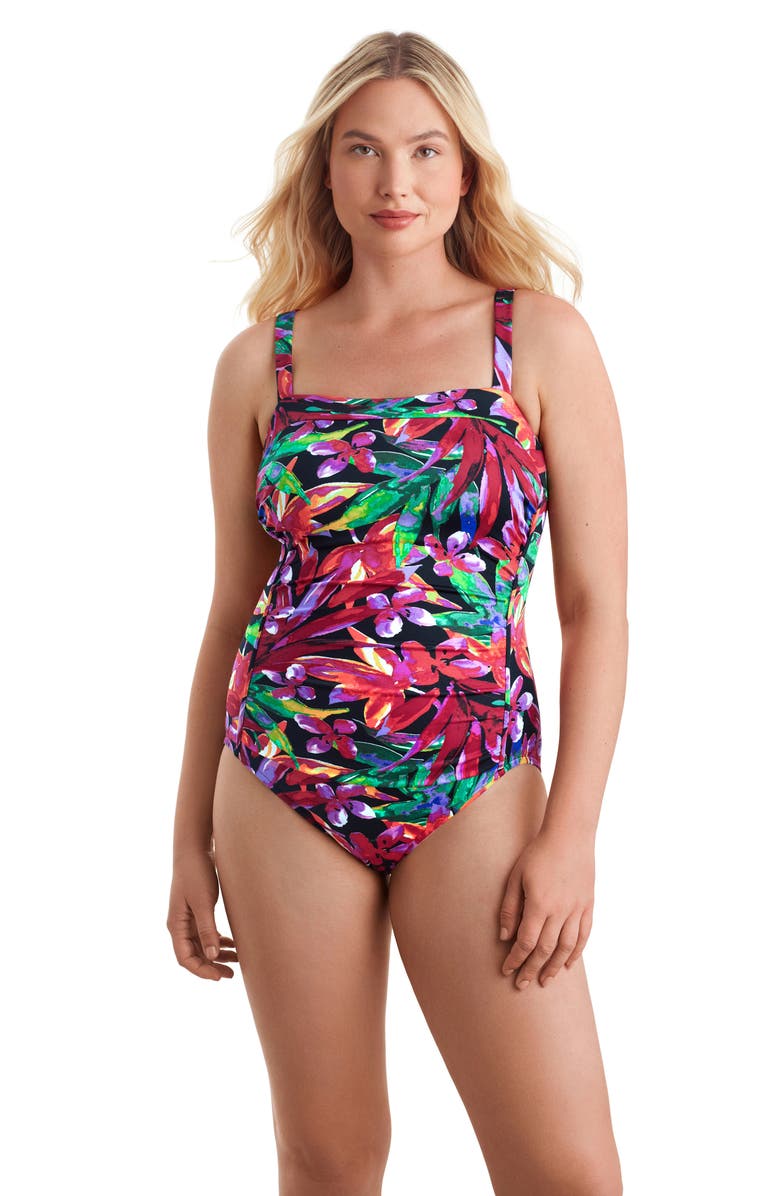 ShapeSolver Sport Shirred Bandeau Chlorine Resistant One-Piece Swimsuit, Main, color, Secret Jungle