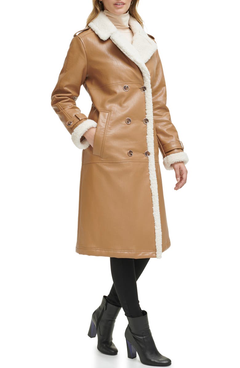 Kenneth Cole New York Faux Shearling & Faux Leather Trench Coat, Alternate, color, Tan