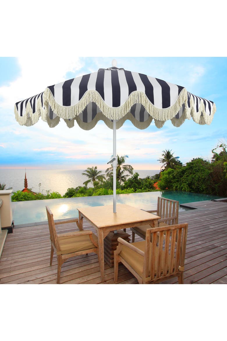 Collins Bohemian Fringe Outdoor Patio Umbrella with Crank Lift and Tilt, Scalloped UV-Resistant Canopy, Aluminum Pole, Alternate, color, Navy/White - White Pole