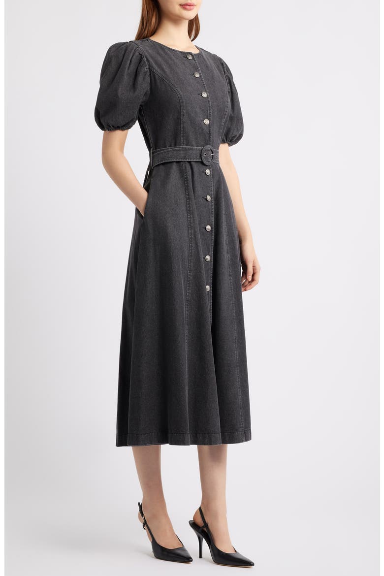Puff Sleeve Belted Cotton Blend Denim Shirtdress, Alternate, color, BLACK DENIM