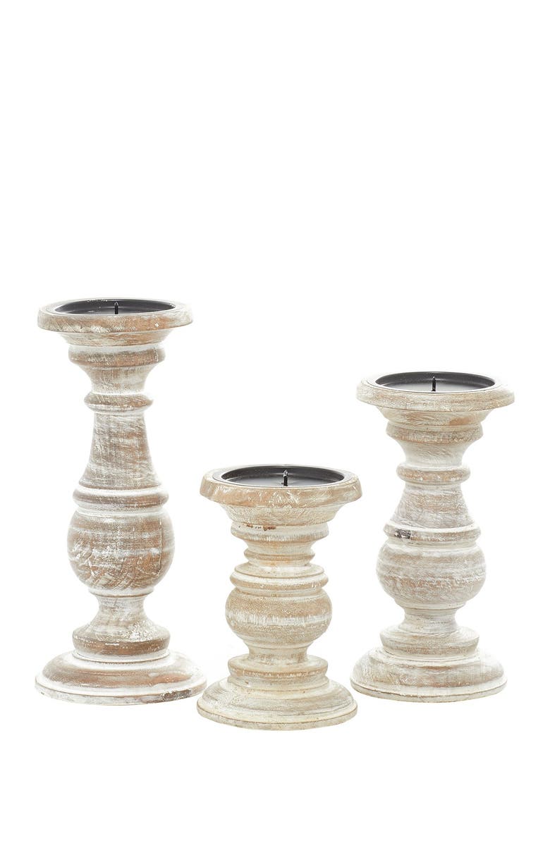SONOMA SAGE HOME Cream Mango Wood Traditional Candle Holder with Distressed Finish - Set of 3, Main, color, White