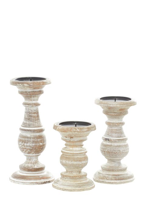 Cream Mango Wood Traditional Candle Holder with Distressed Finish - Set of 3