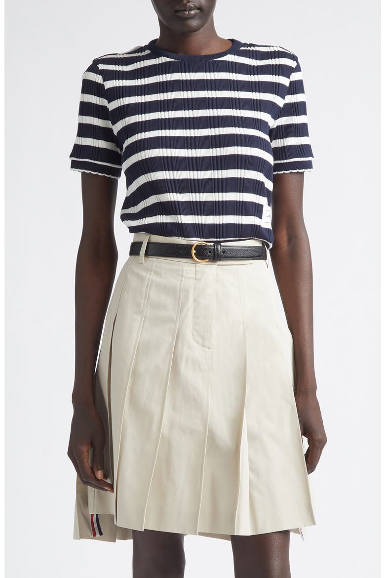 Stripe Scallop Edge Short Sleeve Cotton Rib Sweater, Main, color, NAVY/ WHITE