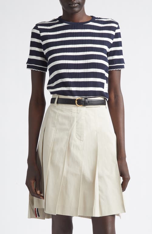 Thom Browne Stripe Scallop Edge Short Sleeve Cotton Rib Sweater in Navy/white at Nordstrom, Size 38