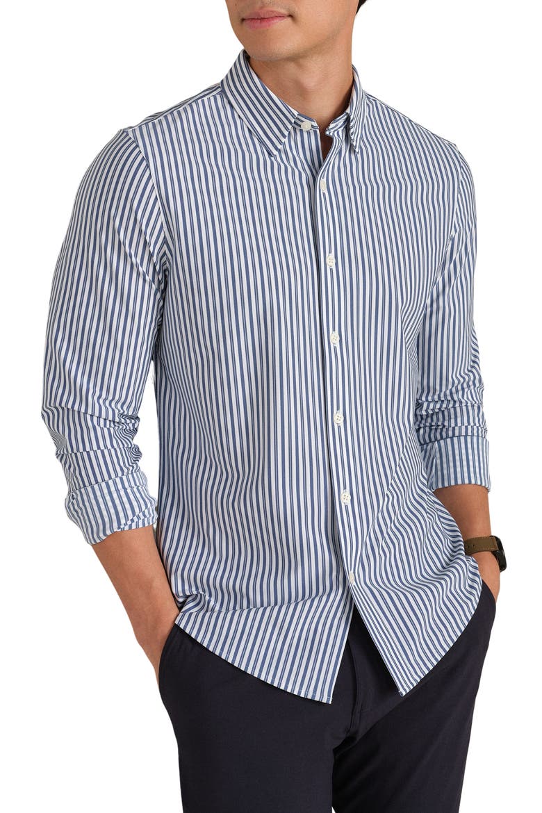 Commuter Slim Fit Stripe Performance Button-Up Shirt, Main, color, NAVY/ WHITE VINTAGE STRIPE