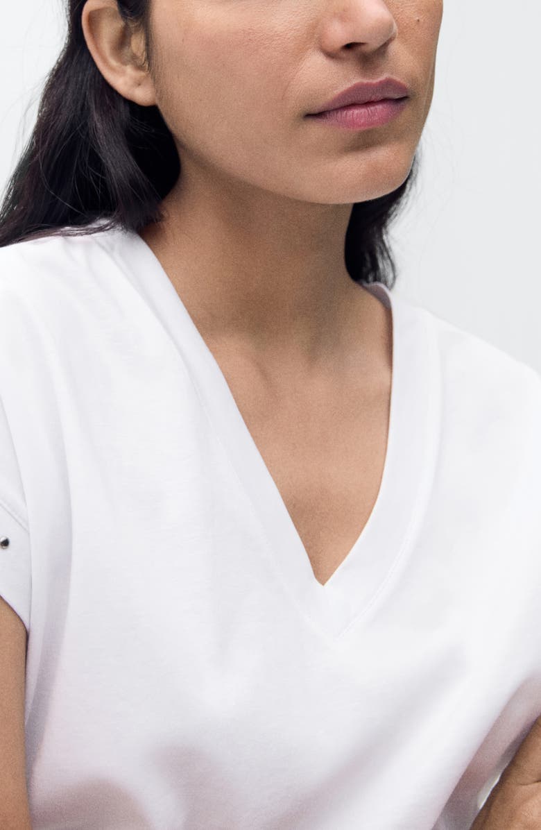MANGO Stud Accent Cotton V-Neck T-Shirt, Alternate, color, White