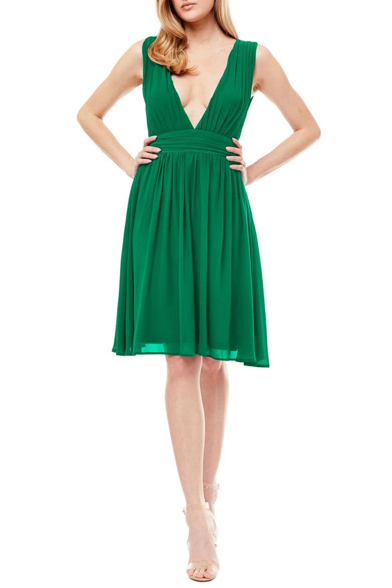 Melissa Plunge Neck Chiffon Fit & Flare Dress, Main, color, JELLY BEAN