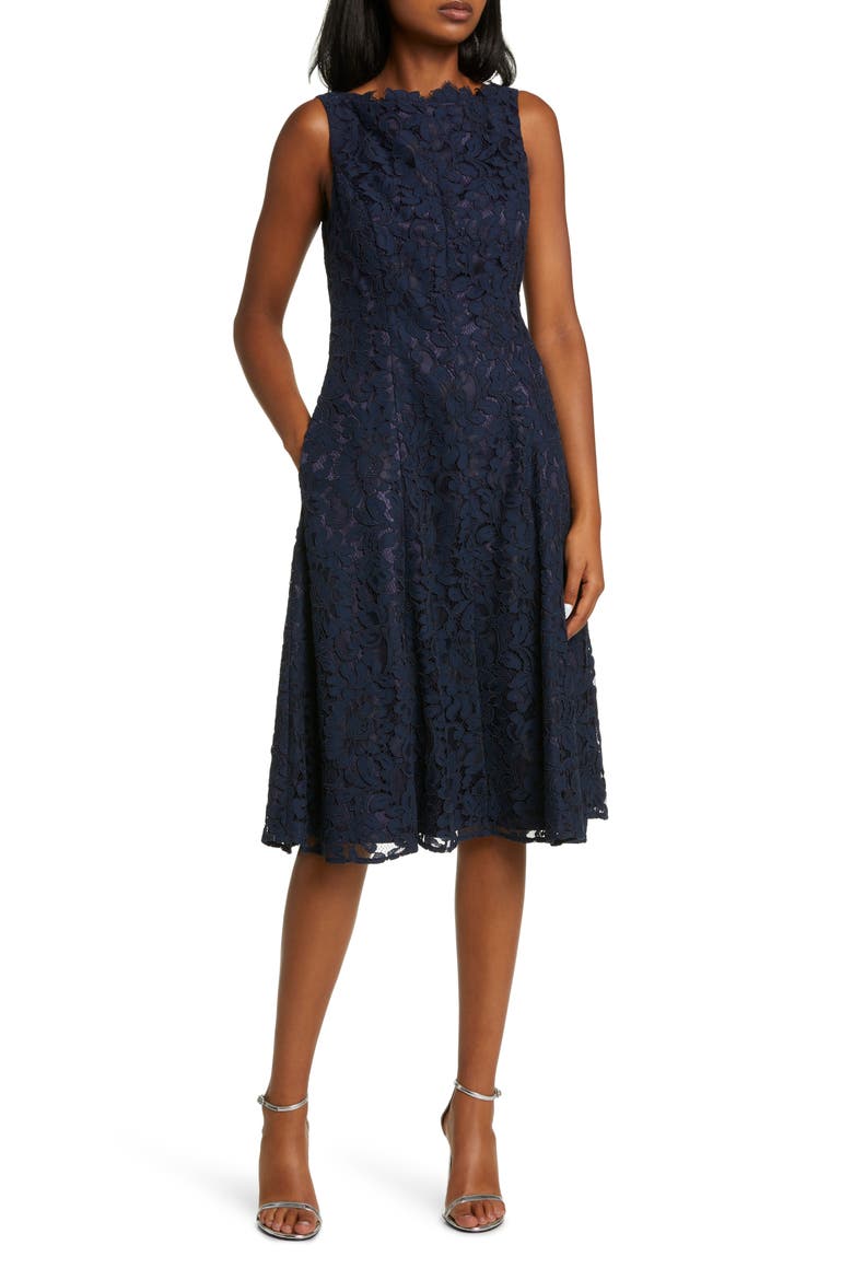 Lace Fit & Flare Midi Dress, Main, color, NAVY
