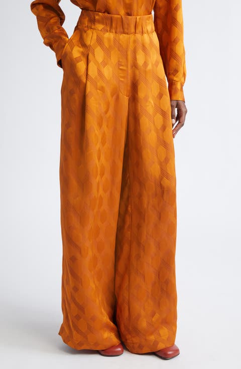 Pila Pleated Jacquard Satin Wide Leg Pants