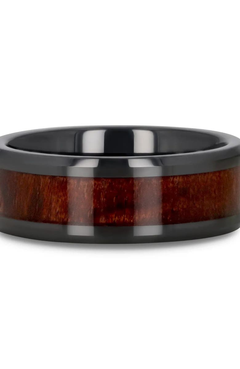 Larson Jewelers Benny Ceramic Beveled Wedding Band, Alternate, color, Black / Bubinga Wood