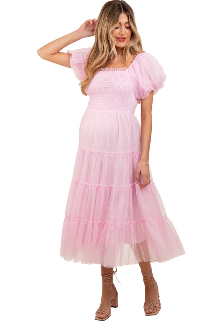Smocked Tiered Tulle Midi Dress, Alternate, color, Light Pink