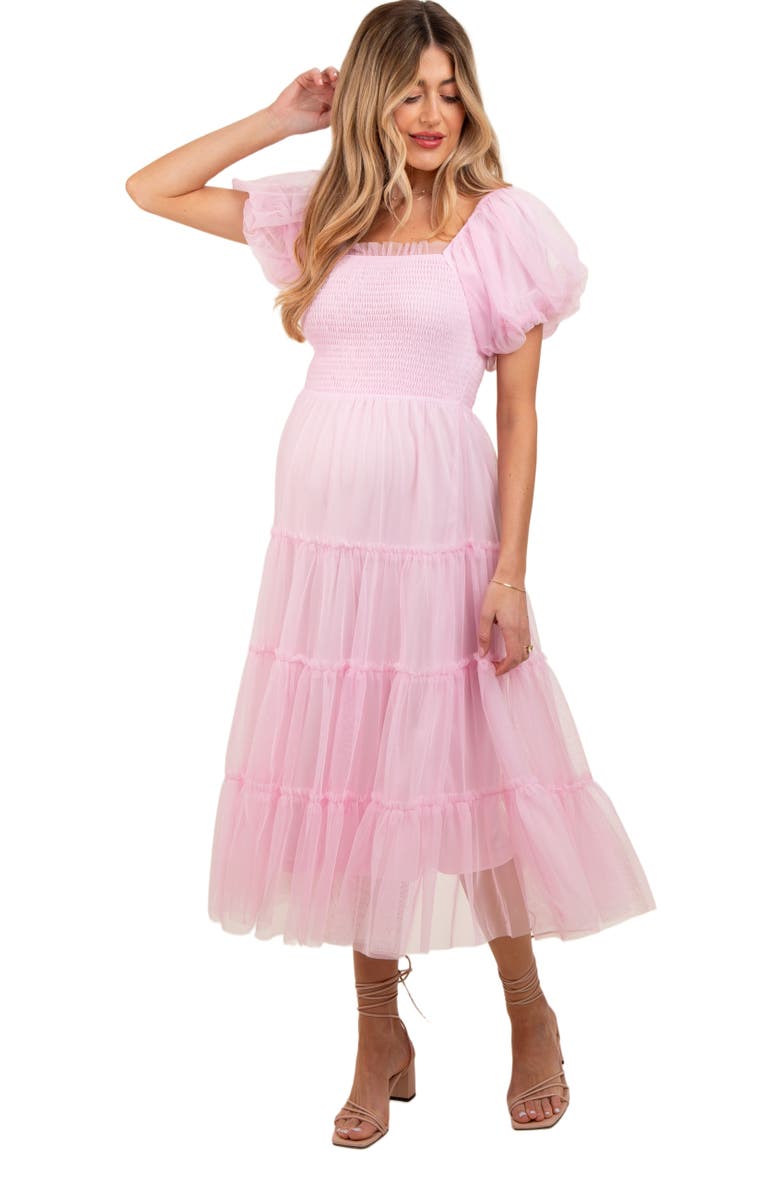 PinkBlush Smocked Tiered Tulle Midi Dress, Alternate, color, Light Pink