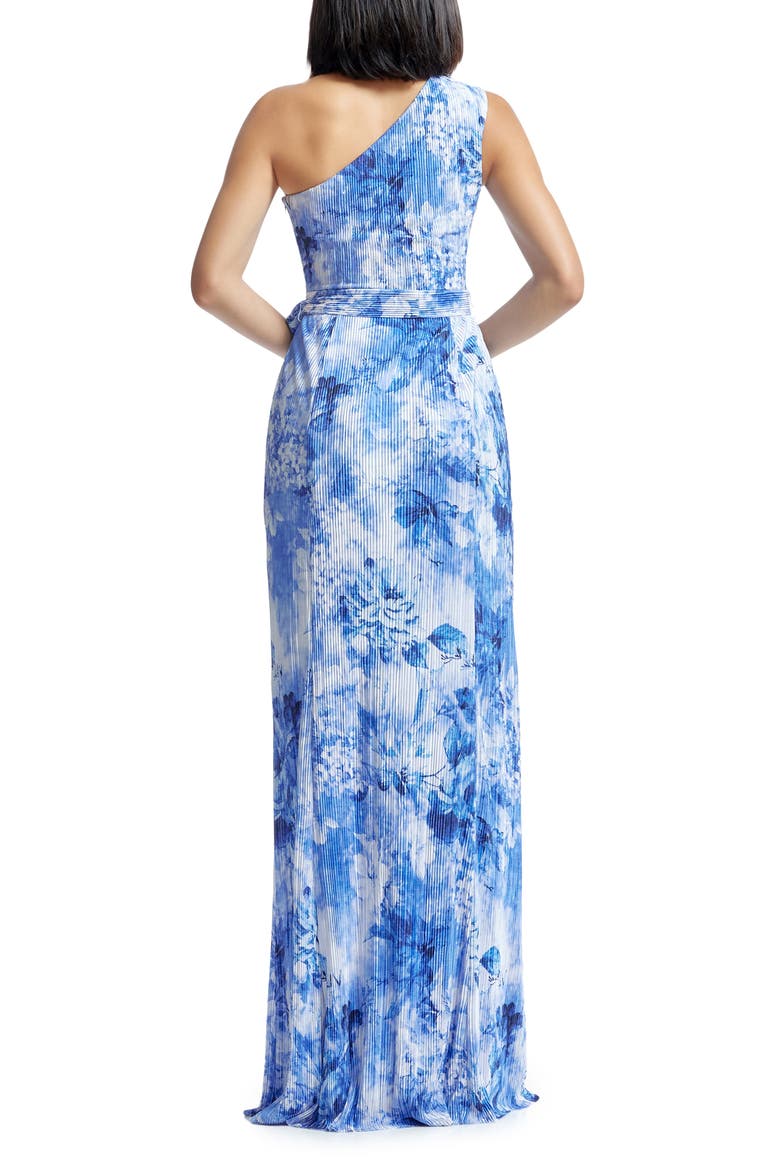 Bella Floral Plissé One-Shoulder Gown, Alternate, color, CERULEAN BLUE MULTI