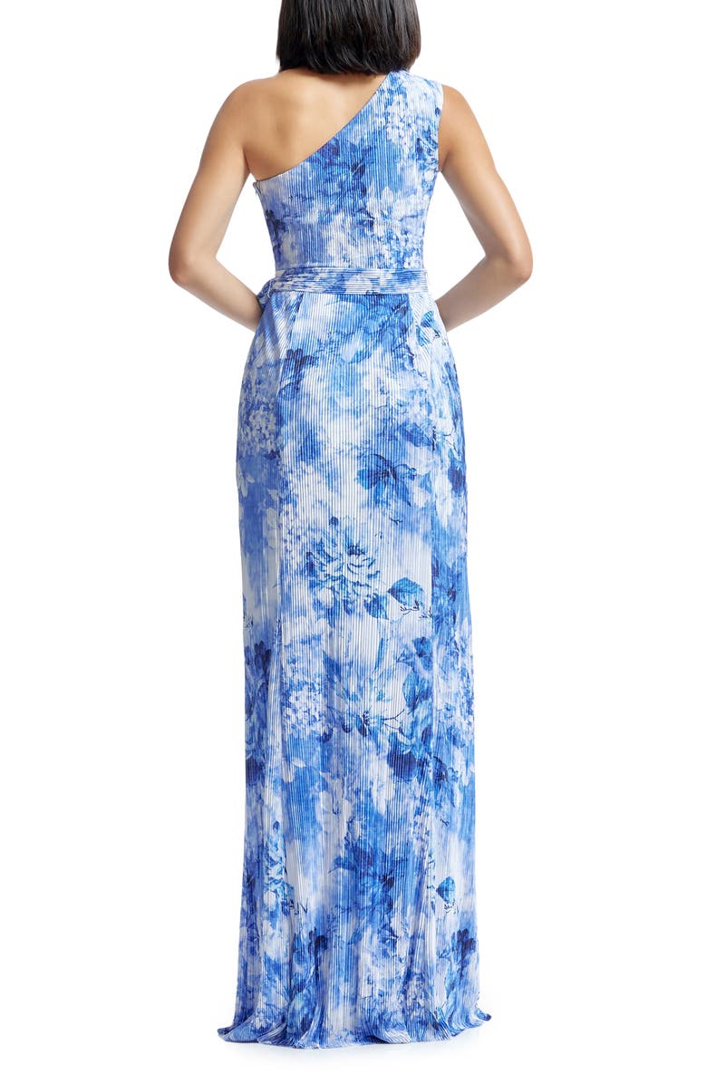 Dress the Population Bella Floral Plissé One-Shoulder Gown, Alternate, color, Cerulean Blue Multi