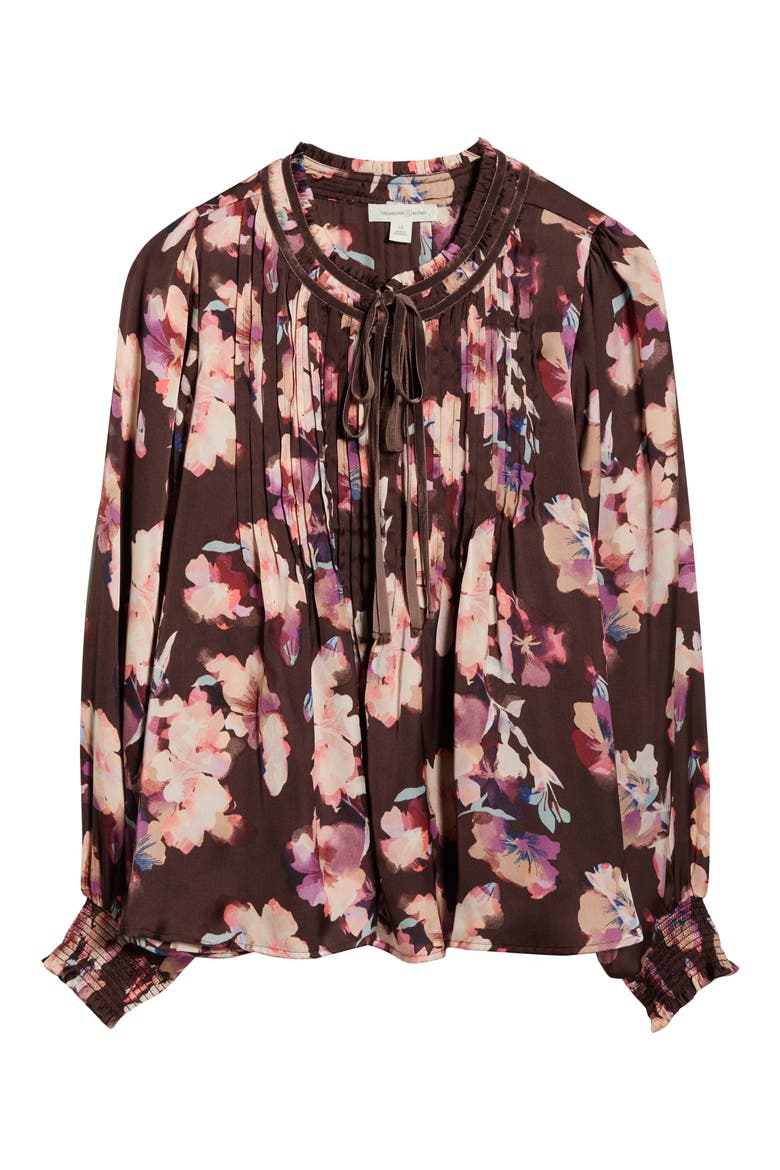 Pintuck Satin Top, Alternate, color, BROWN FLOWER WASH