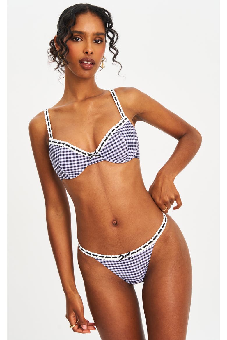 Geneva Gingham Lace Decoration Bikini Top, Main, color, Black