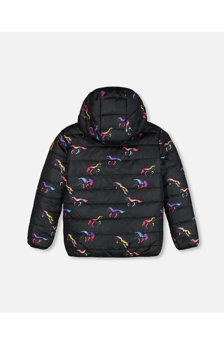 Deux par Deux Baby Girl's Quilted Mid-Season Jacket Black Printed Multicolor Unicorns, Alternate, color, 