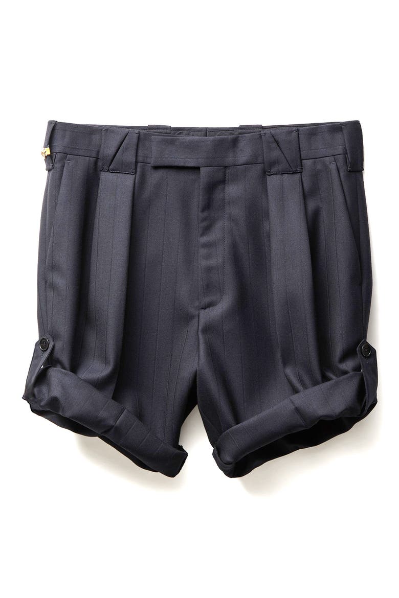Gender Inclusive Pleated Pinstripe Virgin Wool Shorts, Alternate, color, DARK NAVY BLACK