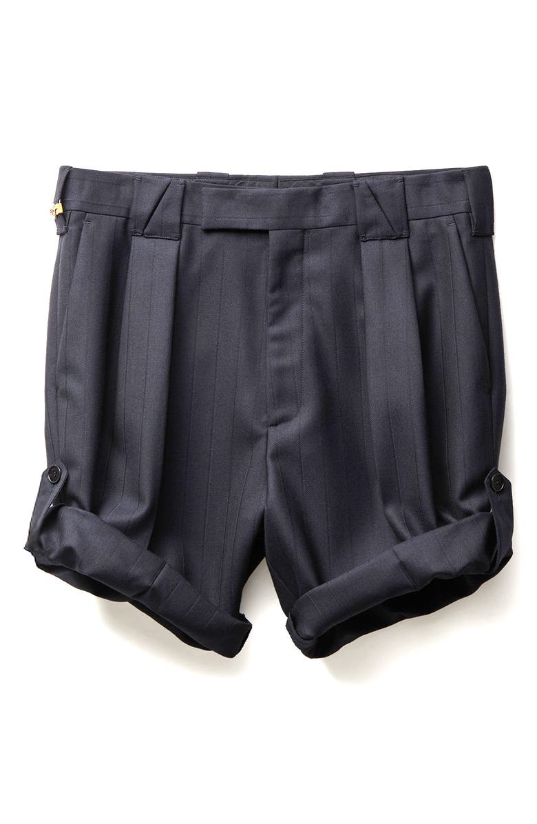 Versace Gender Inclusive Pleated Pinstripe Virgin Wool Shorts, Alternate, color, Dark Navy Black