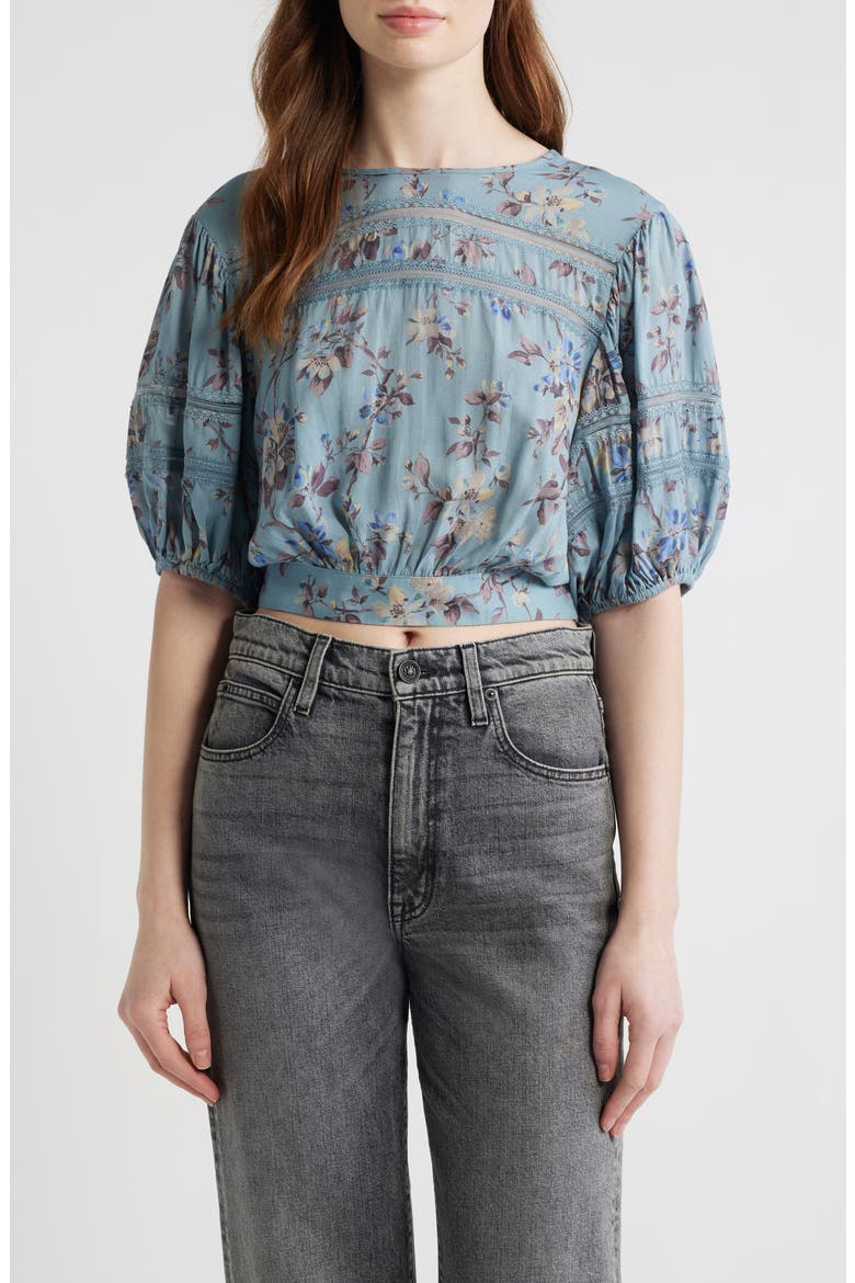 Floral Lace Trim Top, Main, color, VINE LAKE BLUE