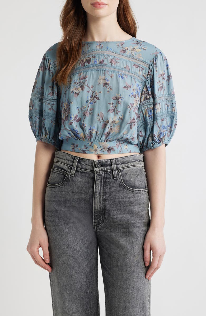 AllSaints Floral Lace Trim Top, Main, color, Vine Lake Blue