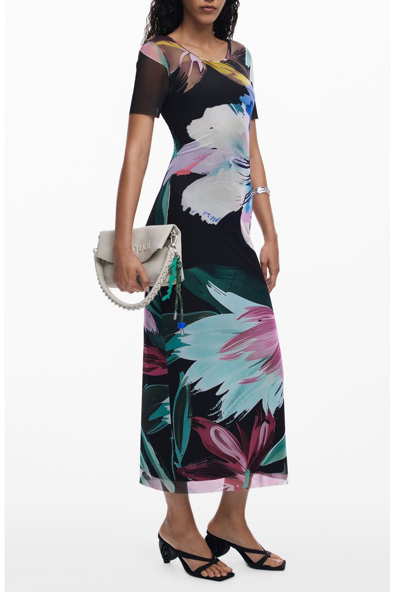 Floral Print Mesh Maxi Dress, Main, color, BLACK