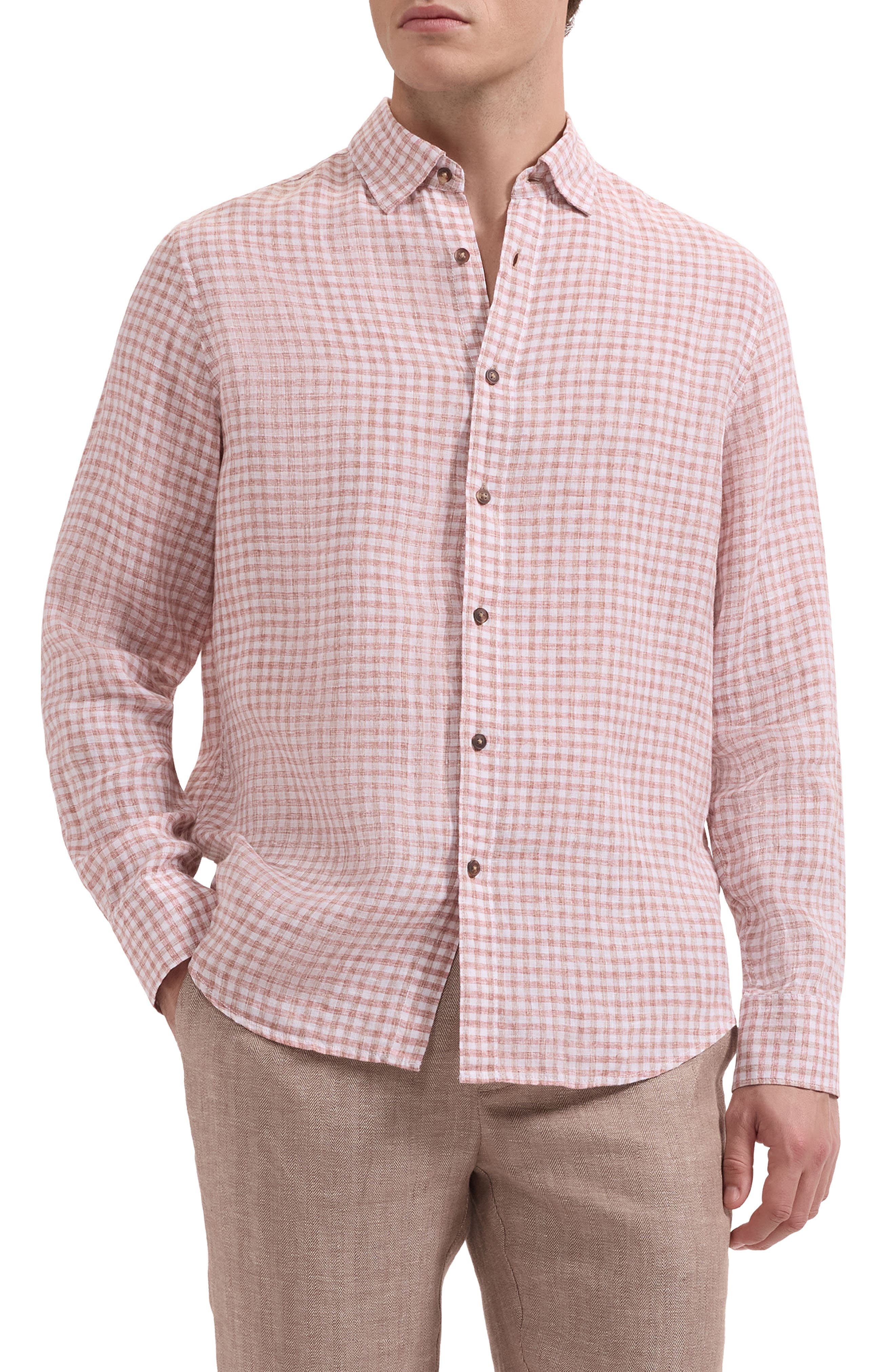 Karl Shaped Fit Gingham Check Linen Button-Up Shirt - image 5