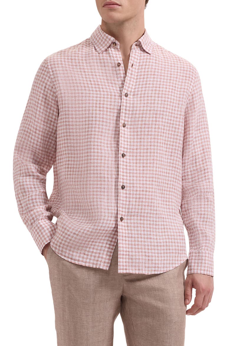 Karl Shaped Fit Gingham Check Linen Button-Up Shirt, Main, color, BRICK