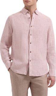 Bugatchi Karl Shaped Fit Gingham Check Linen Button-Up Shirt