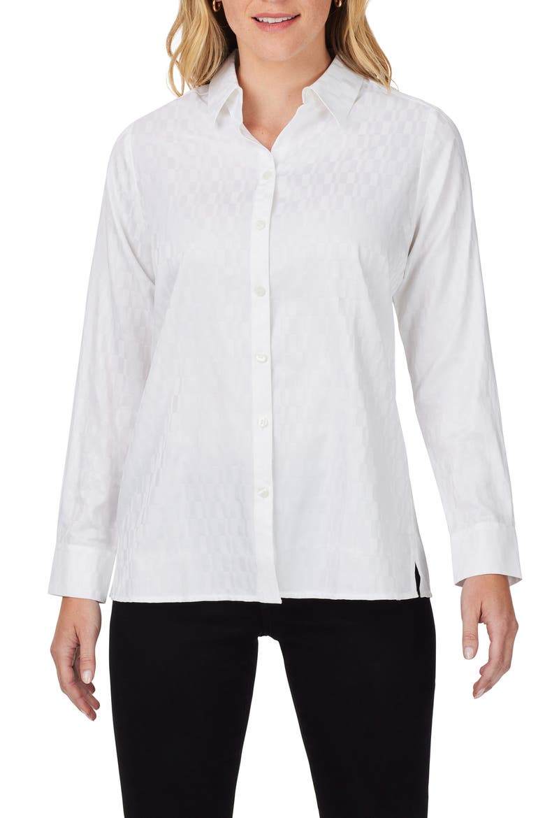 Journey Jacquard Check Cotton Blend Button-Up Shirt, Main, color, WHITE