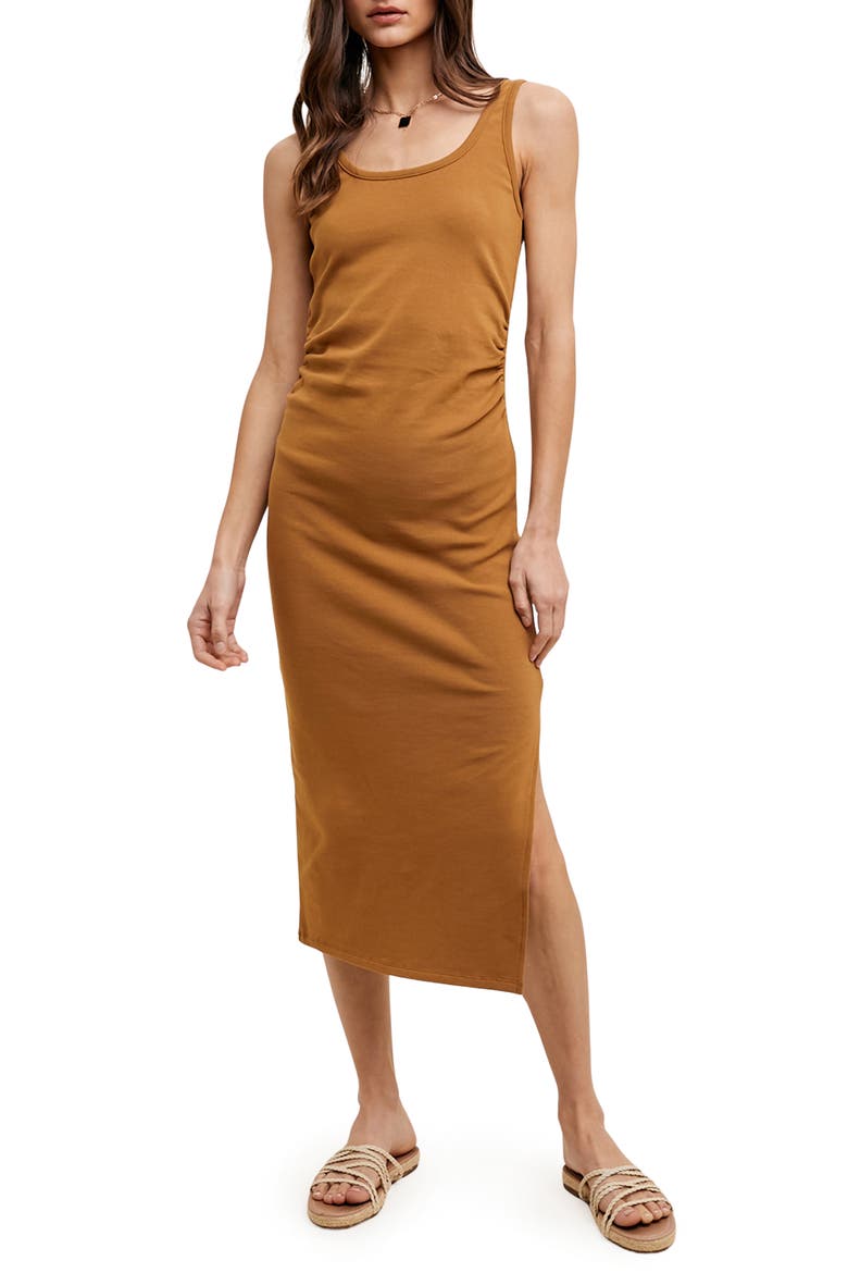 Side Ruched Knit Midi Dress, Main, color, CAMEL