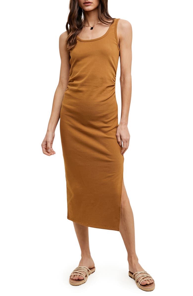 WISHLIST Side Ruched Knit Midi Dress, Main, color, Camel