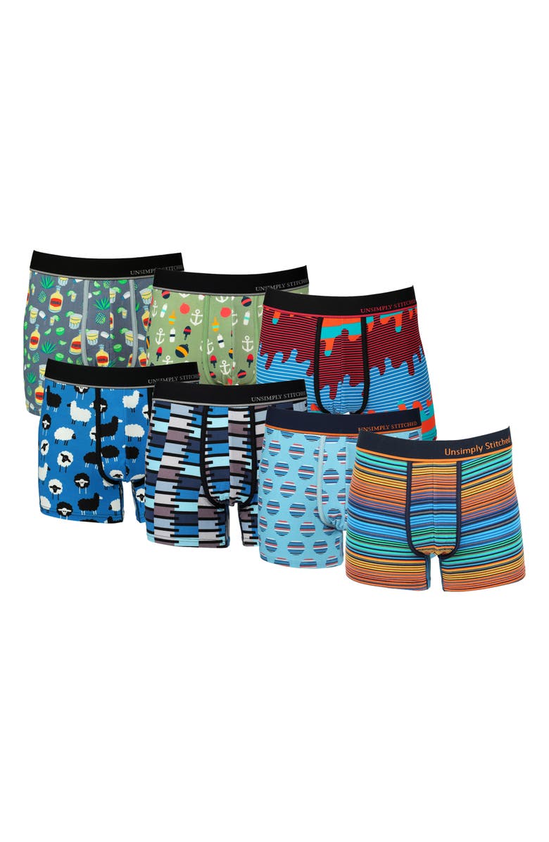 UNSIMPLY STITCHED 7-Pack Assorted Stretch Cotton Trunks, Main, color, Blue Multi