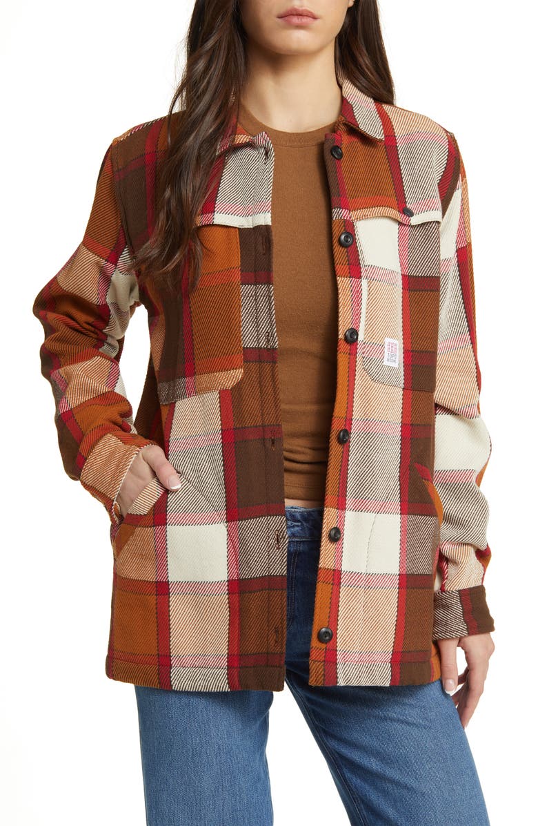Topo Designs Mountain Oversize Plaid Organic Cotton Shirt Jacket, Main, color, Brown/ Natural Plaid