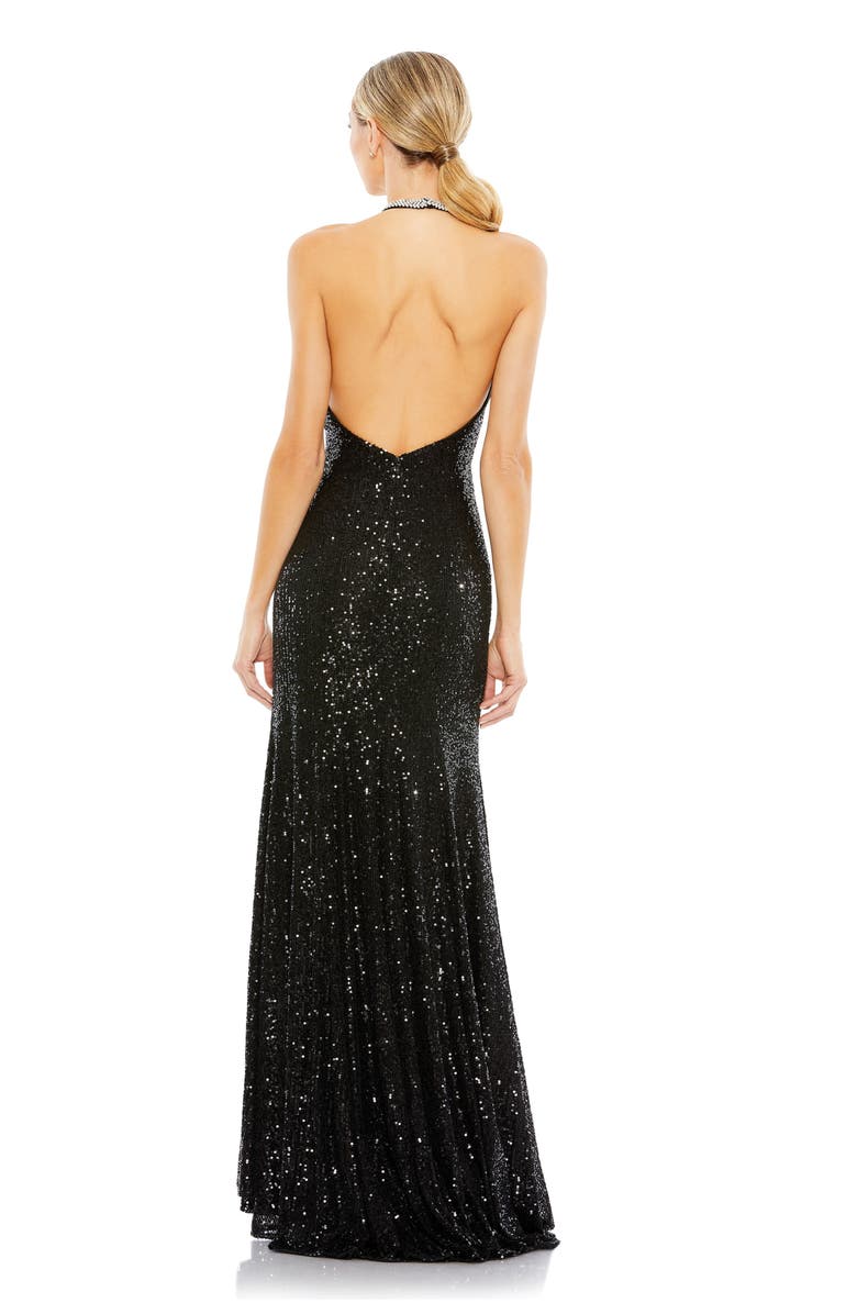 Mac Duggal Sequined High Neck Rhinestone Trim Column Gown, Alternate, color, Black