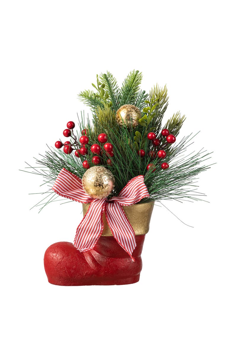 Glitzhome Christmas Red Boot with Pine Needle & Berry Centerpiece, Alternate, color, 