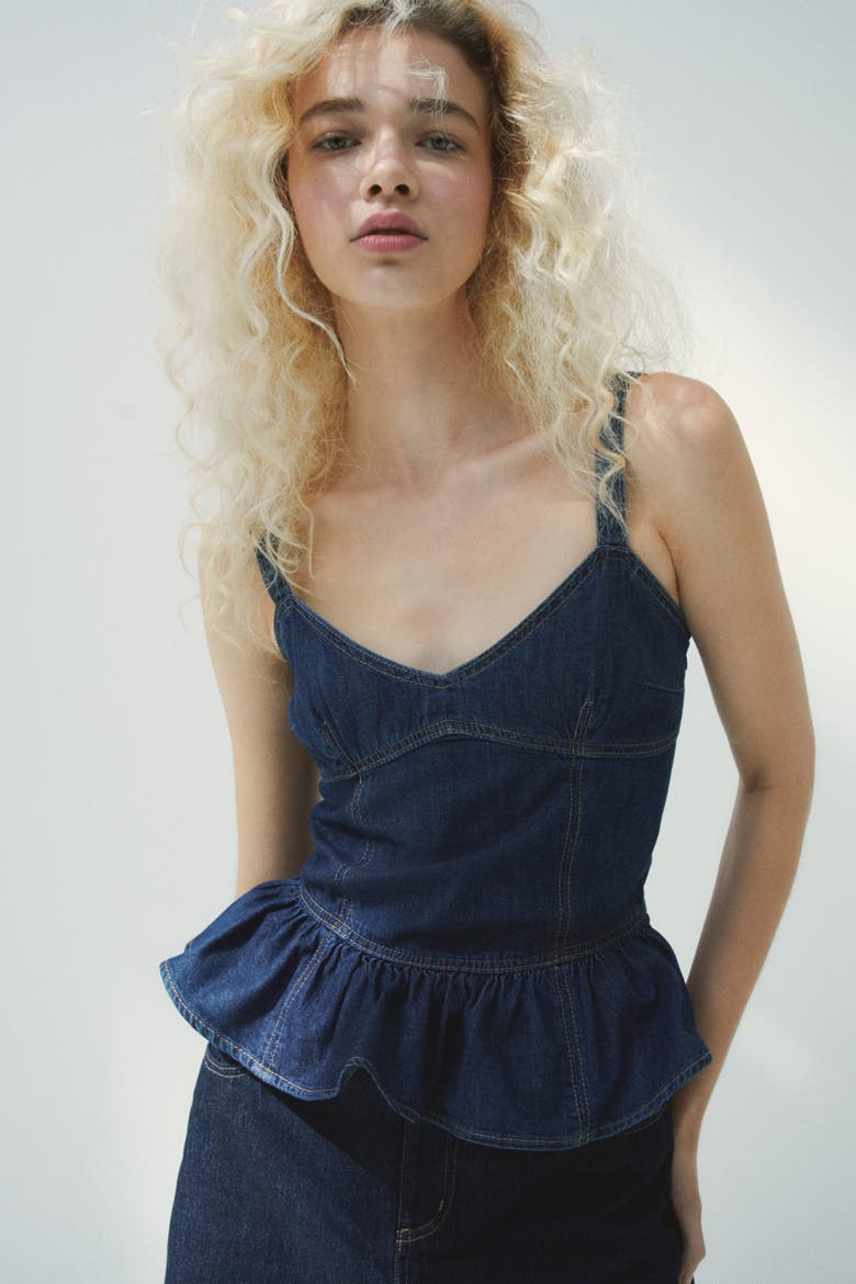 Denim Peplum Top, Alternate, color, Dark denim blue