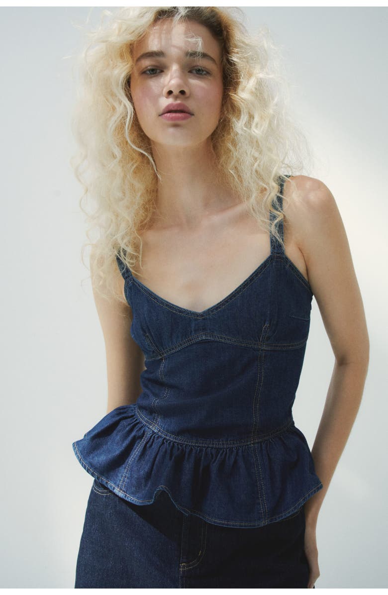 H&M Denim Peplum Top, Alternate, color, Dark Denim Blue