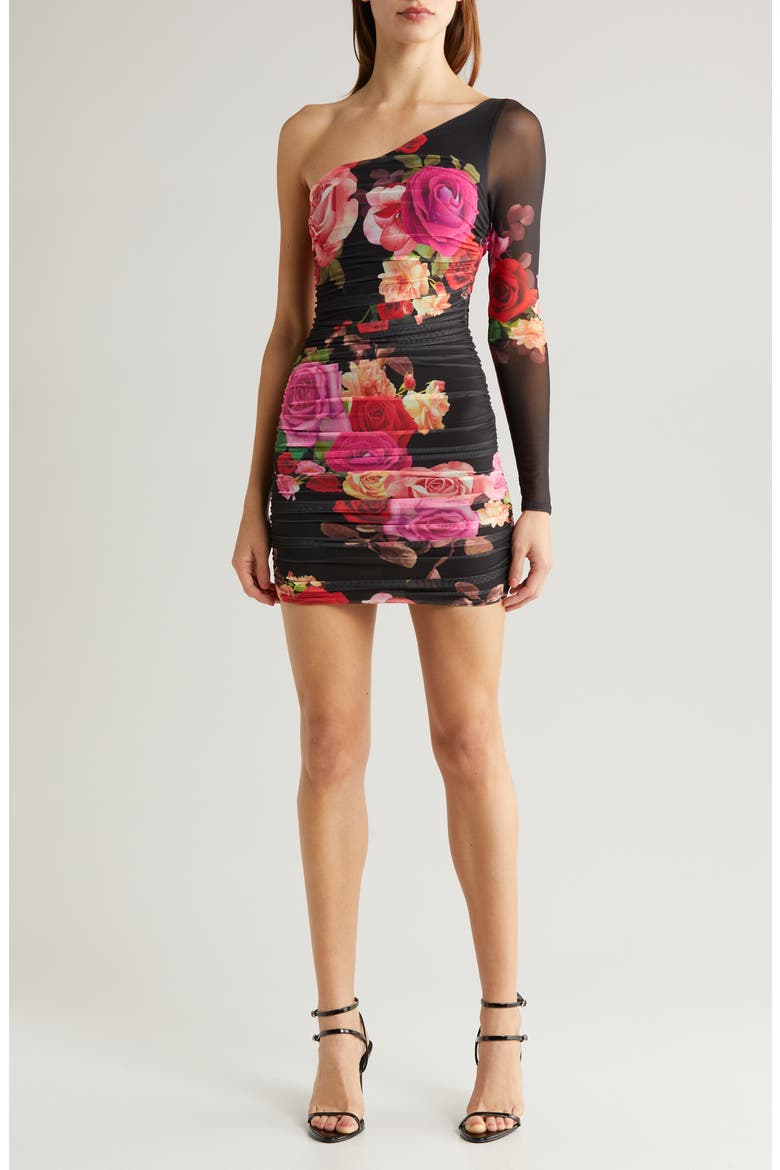 Lula Ruched Long Sleeve Minidress, Main, color, NOIR ROSE SWIRL