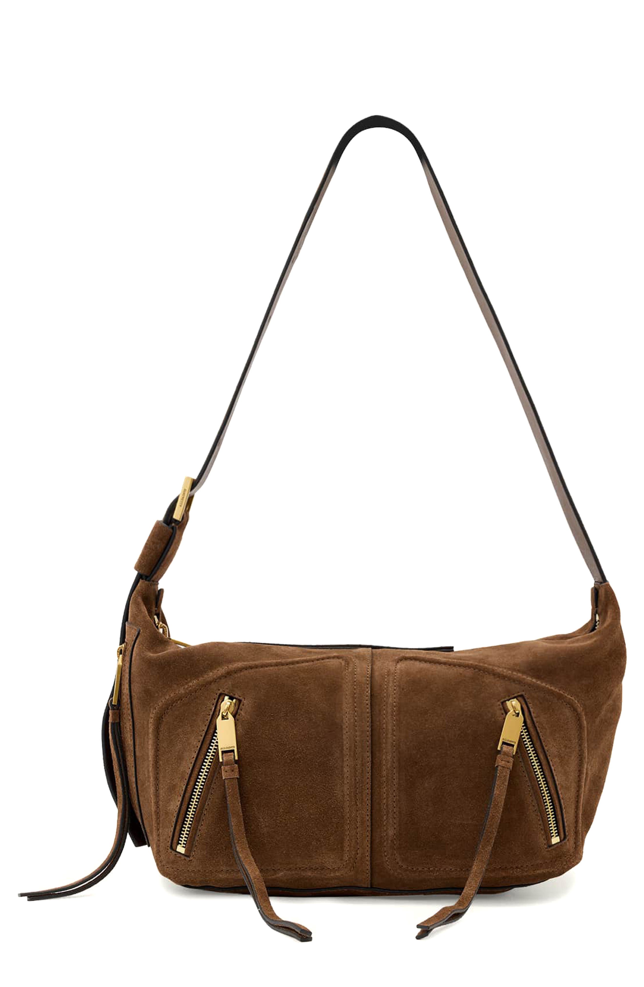 AllSaints Jean Rey Suede Shoulder Bag, Main, color, Sugar Brown