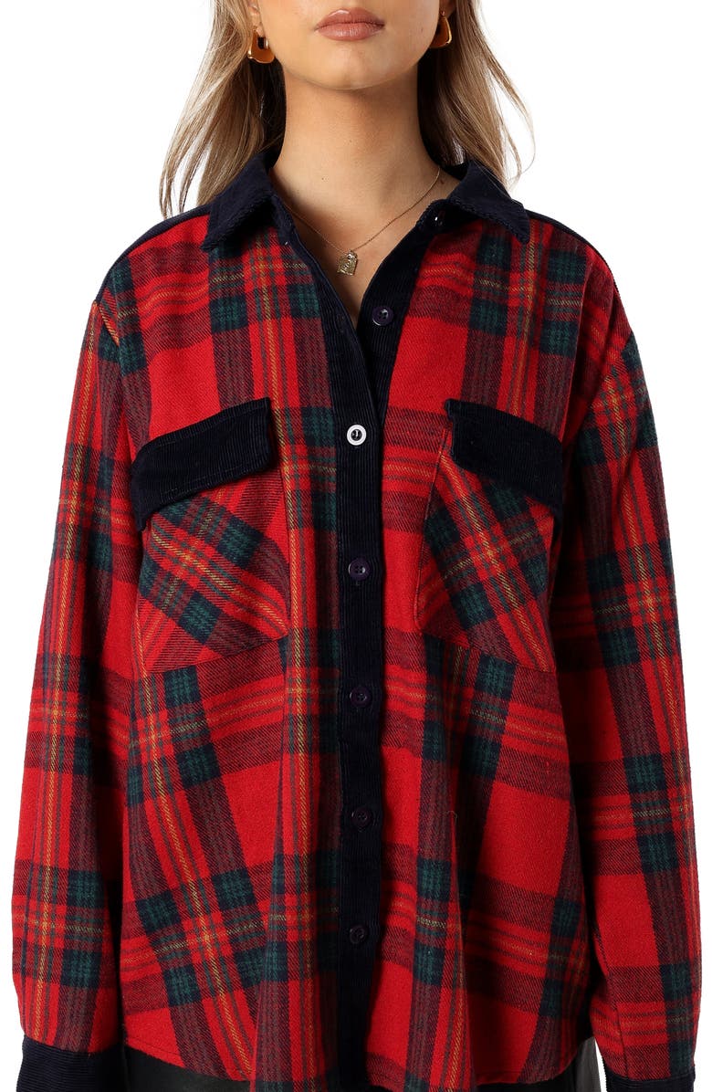 Petal & Pup Lucille Corduroy Trim Plaid Shacket, Alternate, color, Red/ Navy