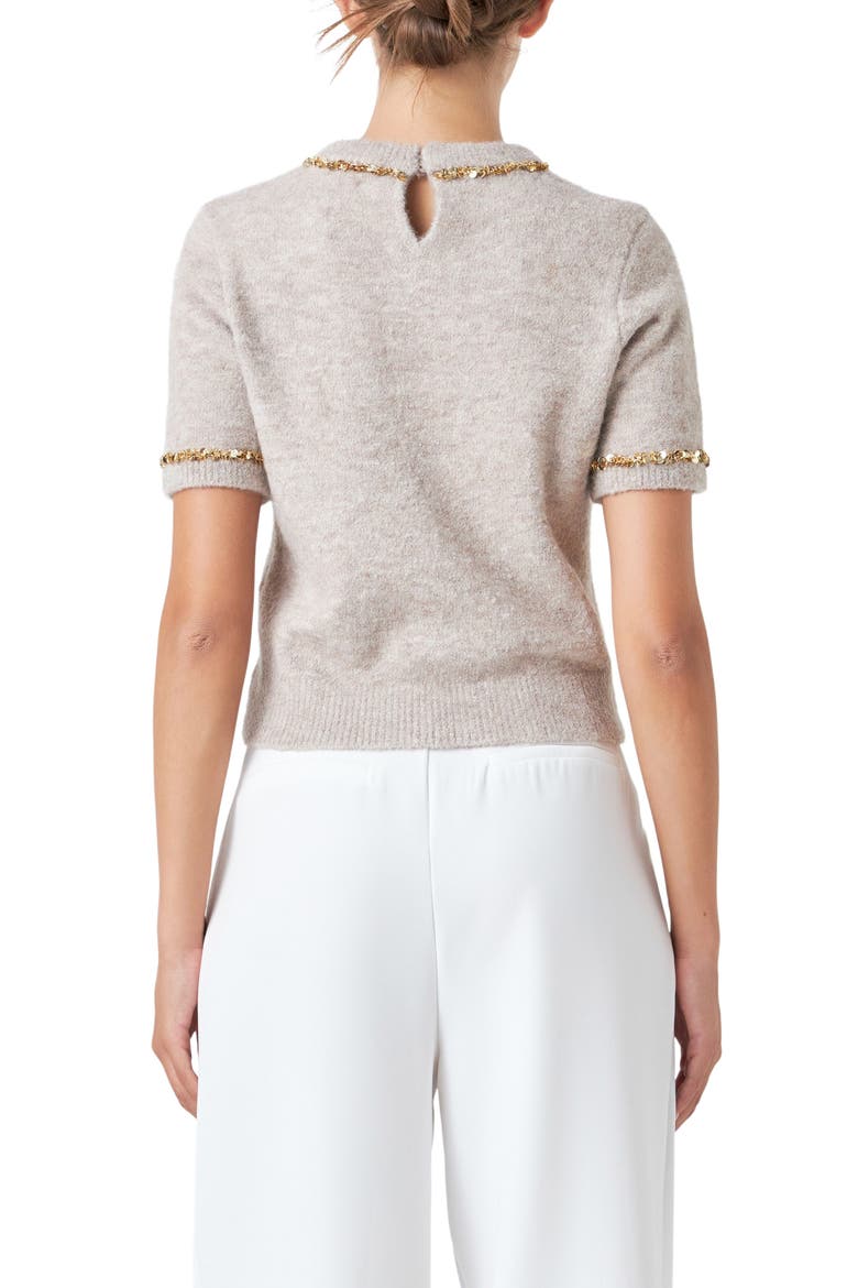 Paillette Trim Short Sleeve Sweater, Alternate, color, TAUPE