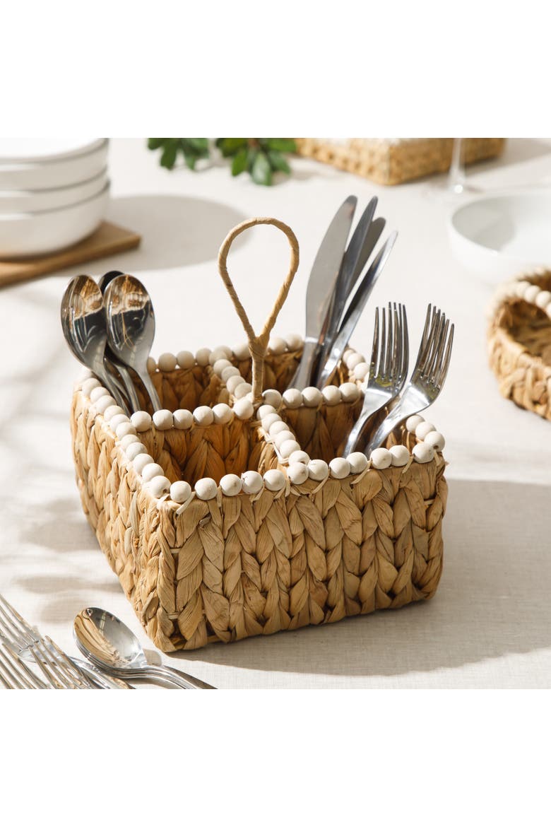 Woven Utensil Caddy with Compartments, Water Hyacinth Basket, Alternate, color, Natural